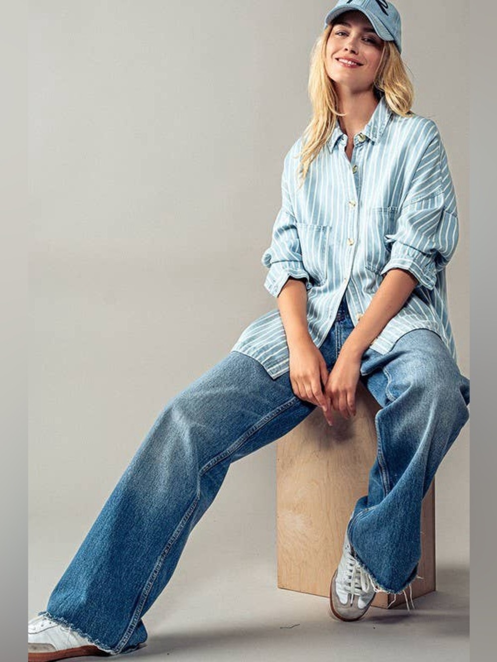 Blu Pepper Button-Down Longsleeve Jean Shirt Blouse Blue Striped Oversized